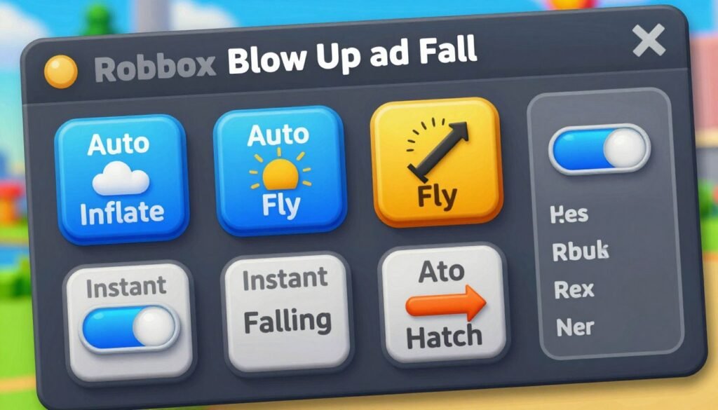 Blow Up and Fall Roblox Script GUI showing Auto Hatch, Instant Falling, and Auto Fly features