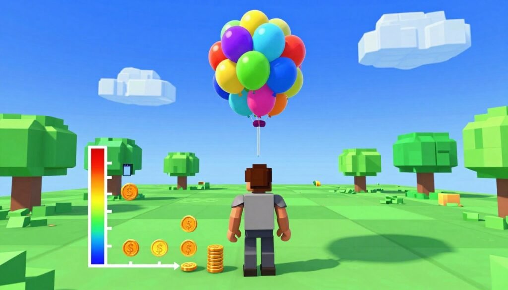 Roblox character with inflated balloon rising high in the game