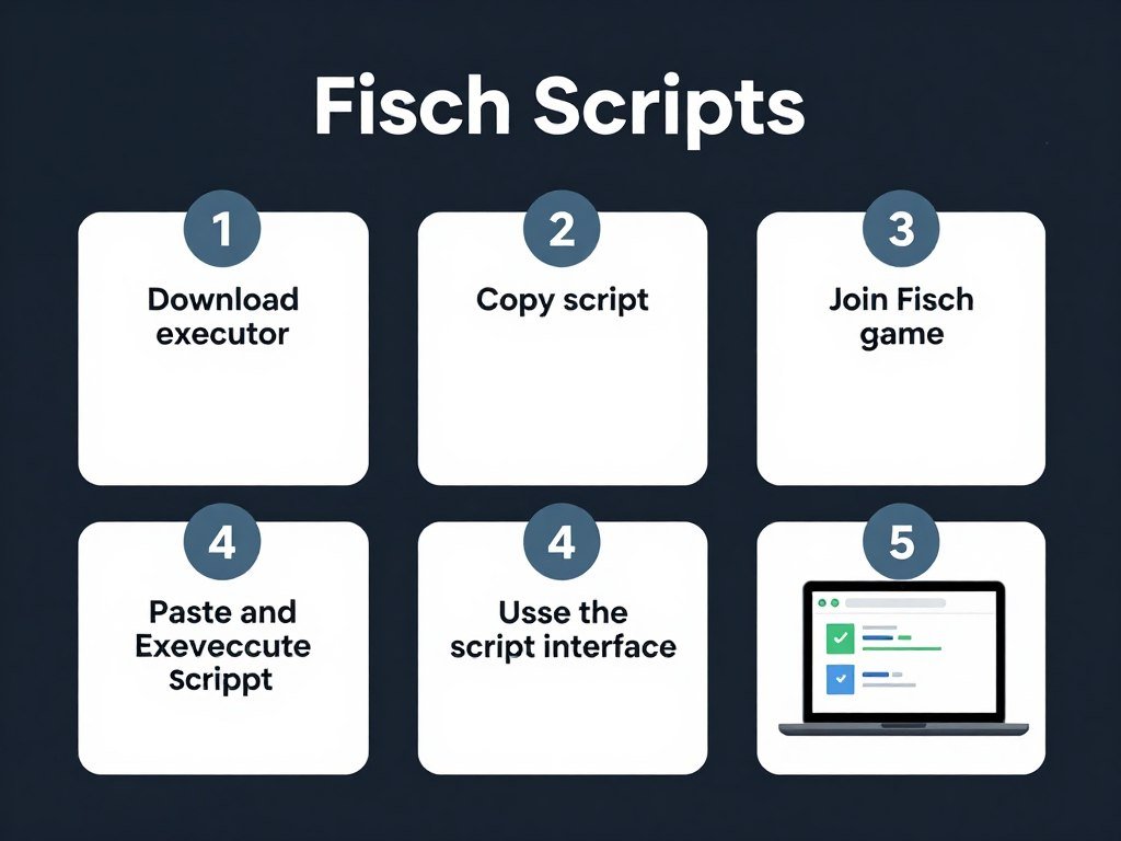 Step-by-step visual guide showing how to use Fisch scripts in Roblox